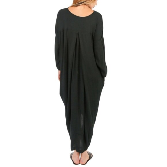Black Crane Black Cocoon Pleat Back Maxi Dress Pockets lagenlook witchy goth - Picture 2 of 12